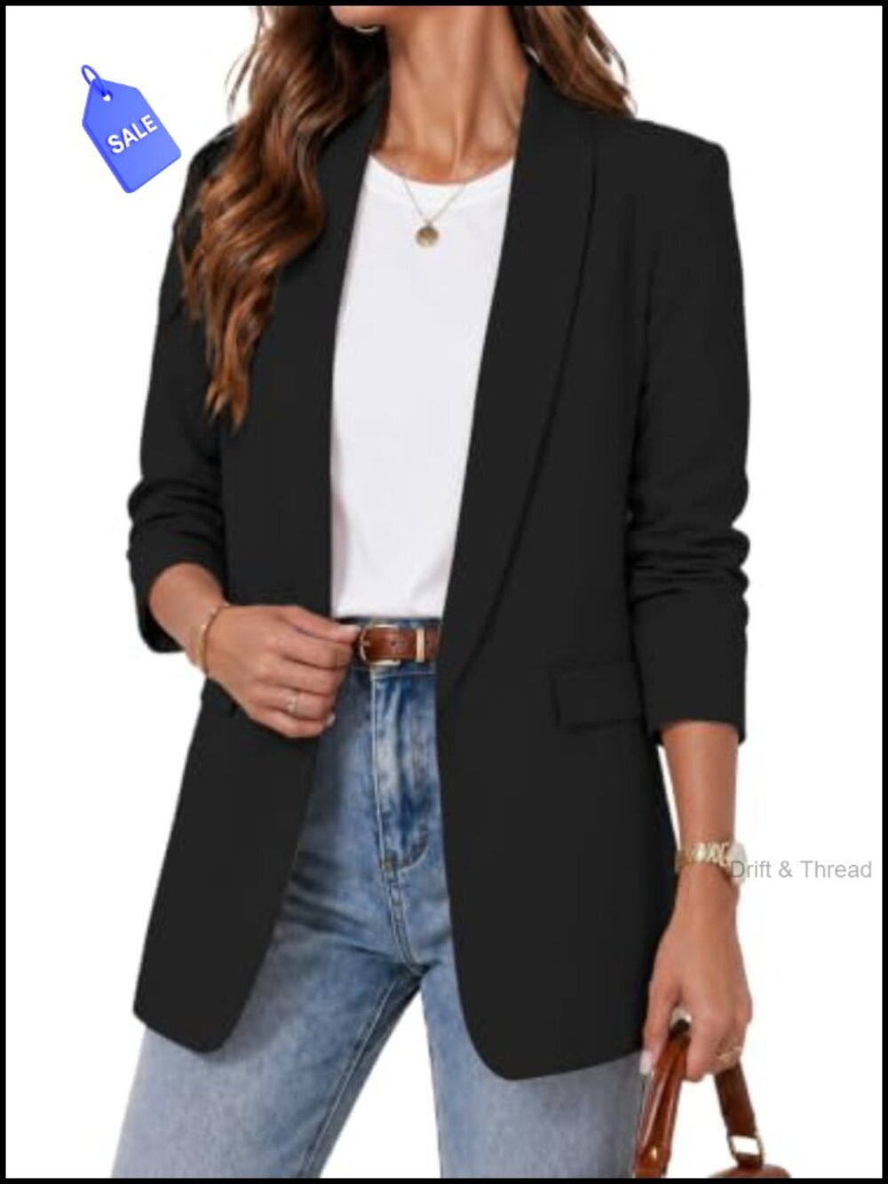 Women's Open Front Ruched 3/4 Sleeve Blazer Lightweight Business Casual